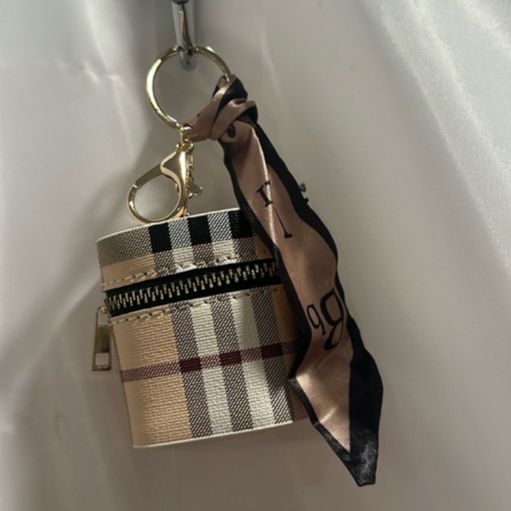 Plaid Pattern Purse Charm Key Chain Pouch with Scarf Accent